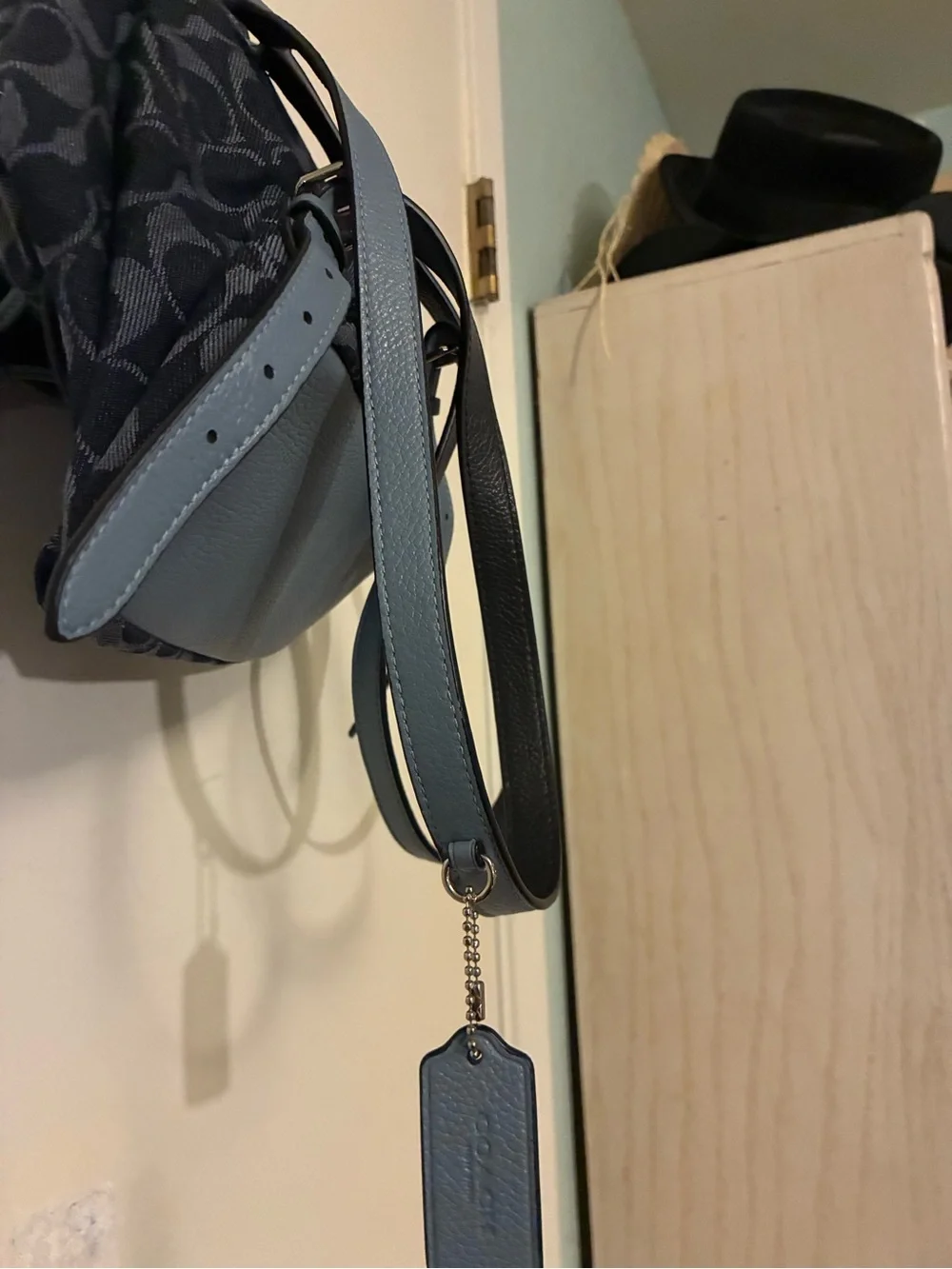 Coach Signature Canvas Backpack with Light Blue Leather Trim